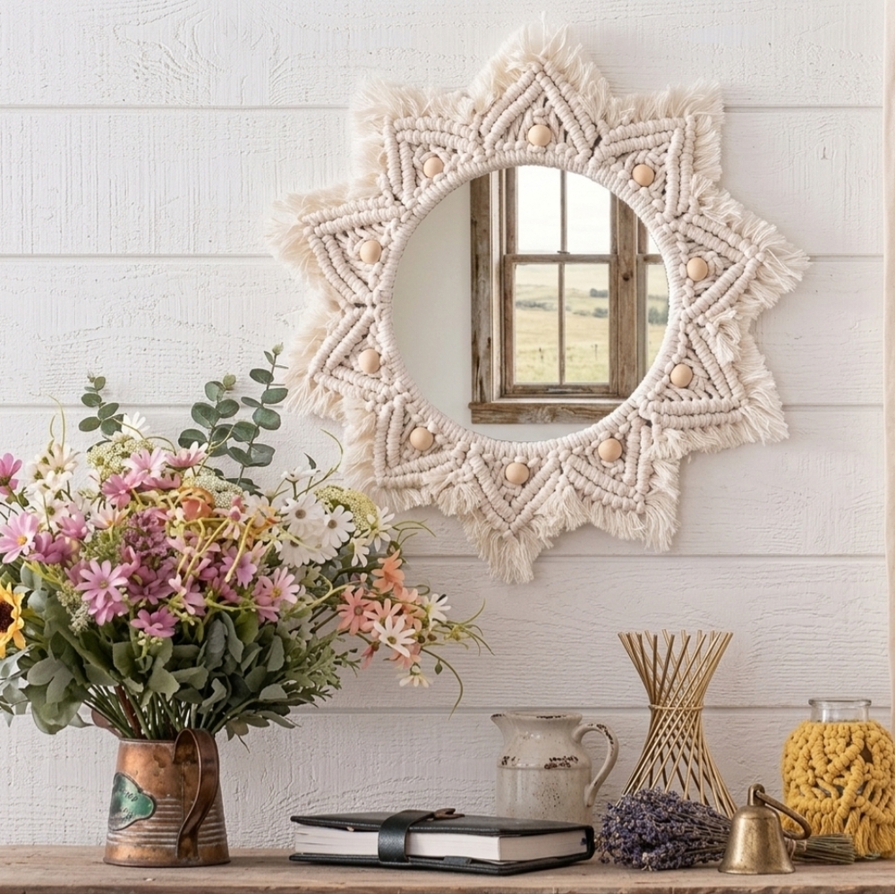 Handmade Macramé Round Wall Mirror - Cream